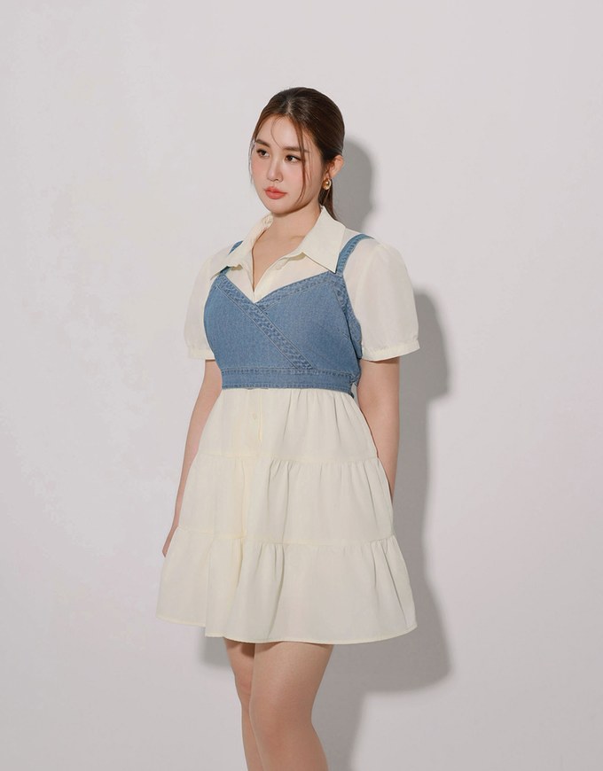 Button Down Puff Sleeve Flare Hem Tiered Mini Shirt Dress