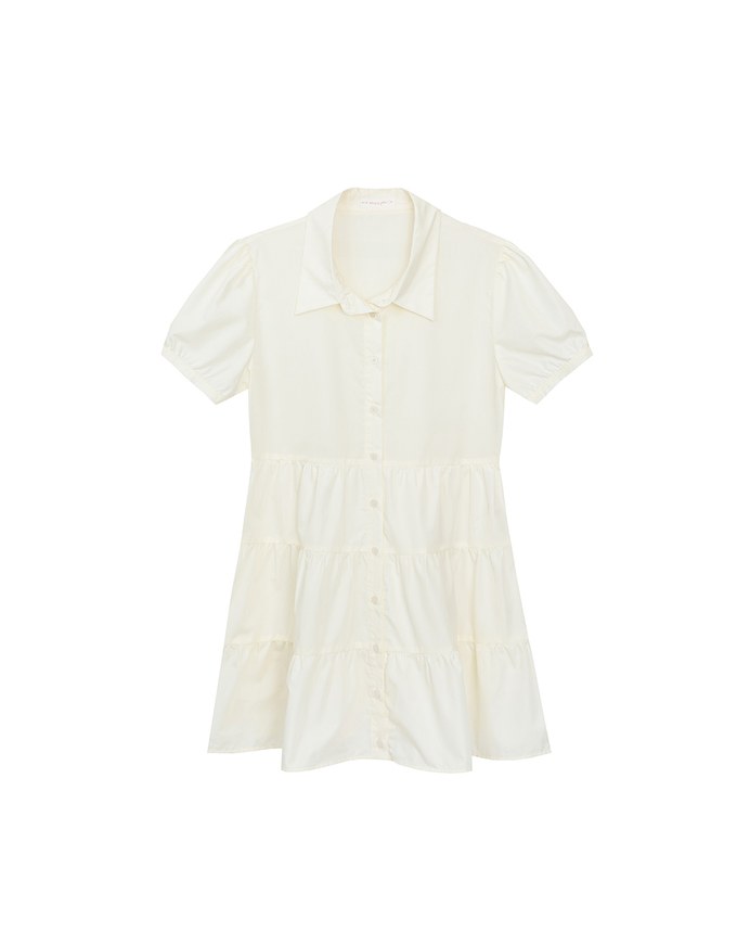 Button Down Puff Sleeve Flare Hem Tiered Mini Shirt Dress