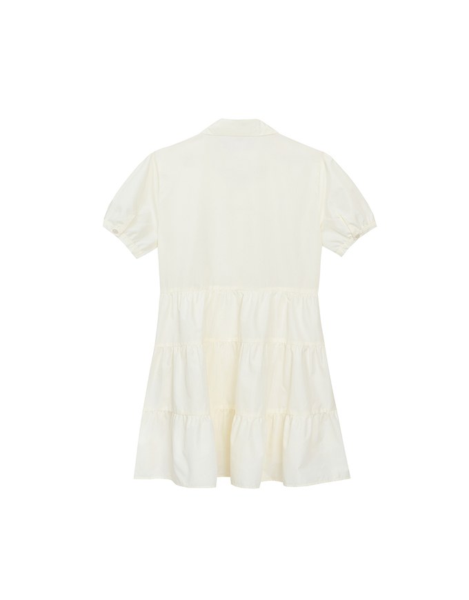 Button Down Puff Sleeve Flare Hem Tiered Mini Shirt Dress