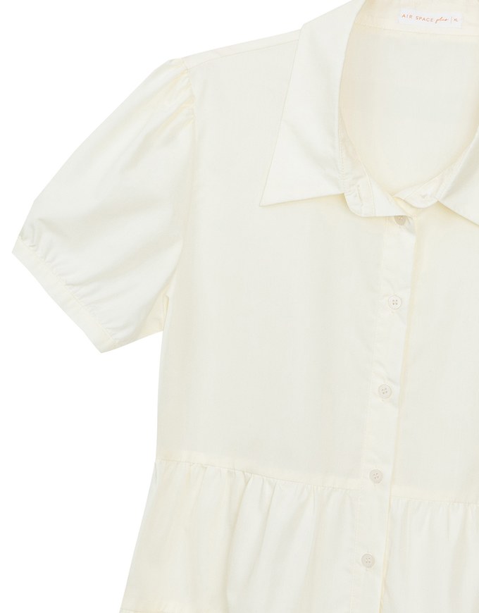Button Down Puff Sleeve Flare Hem Tiered Mini Shirt Dress