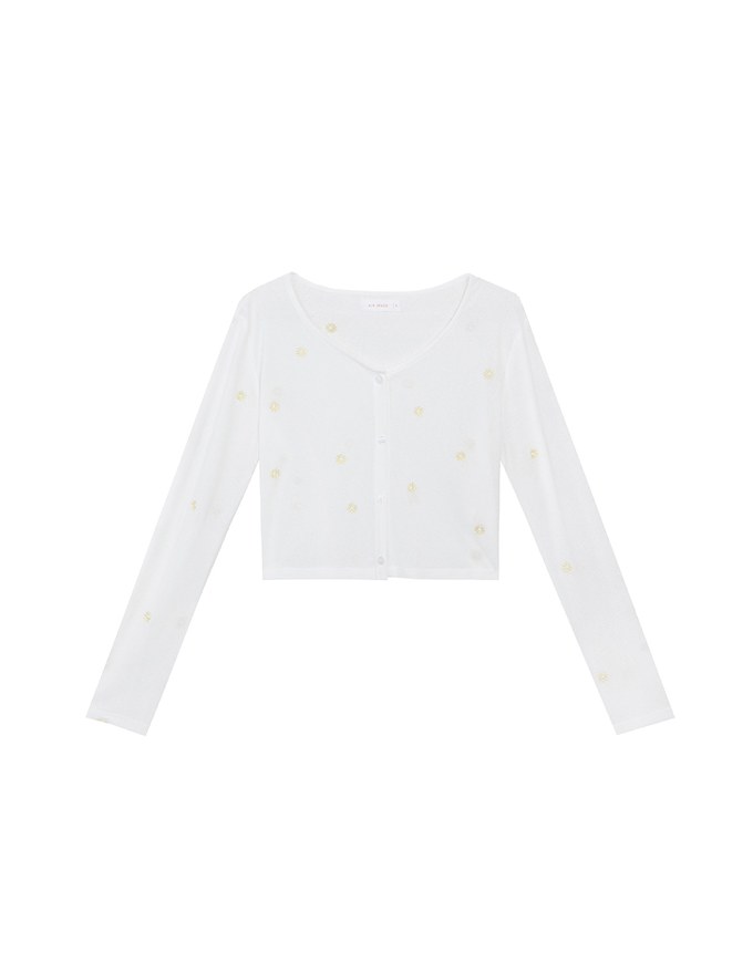 Daisy Embroidery Semi Sheer Button Front Knit Cardigan