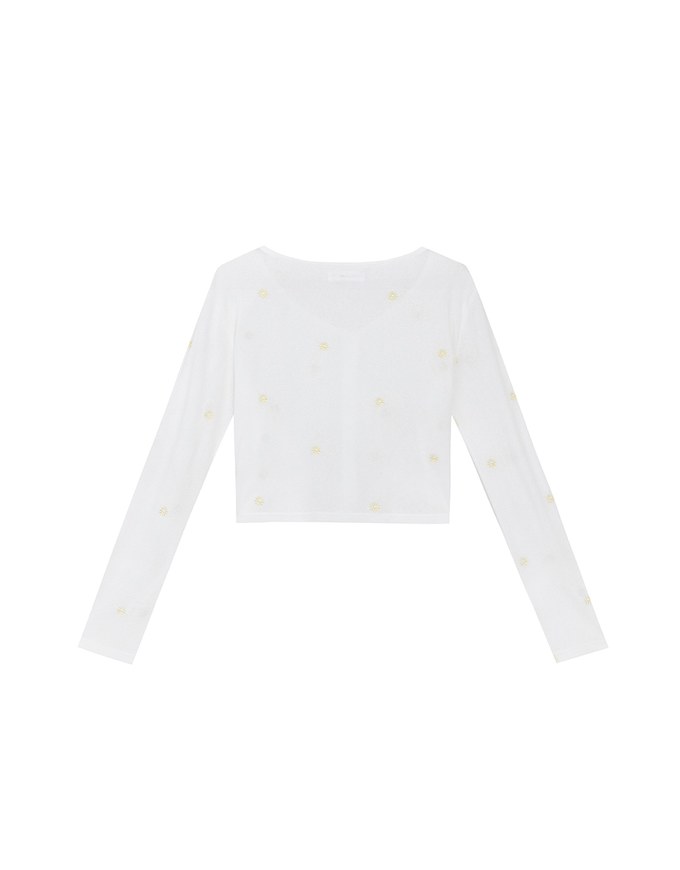 Daisy Embroidery Semi Sheer Button Front Knit Cardigan