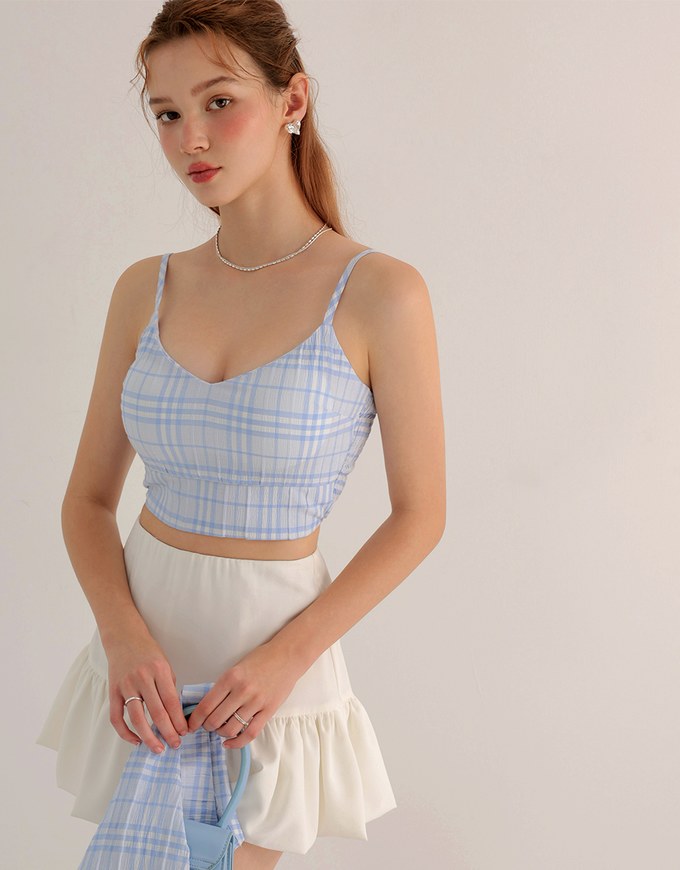 Checkered Button Up Cropped Shirt and Checkered Cami Padded Top Set Wear