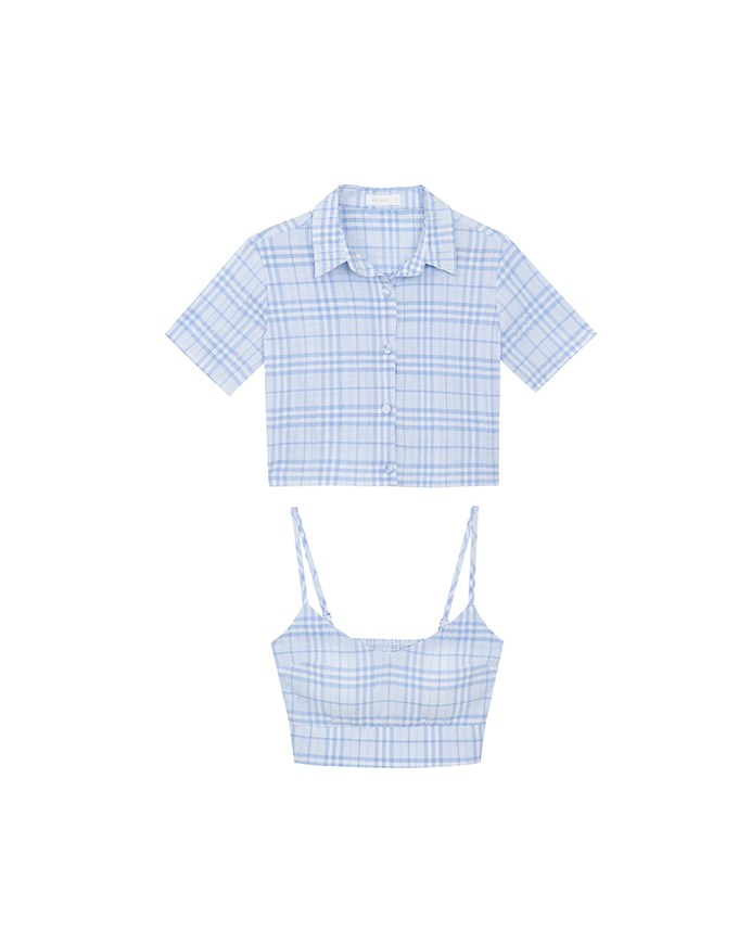 Checkered Button Up Cropped Shirt and Checkered Cami Padded Top Set Wear