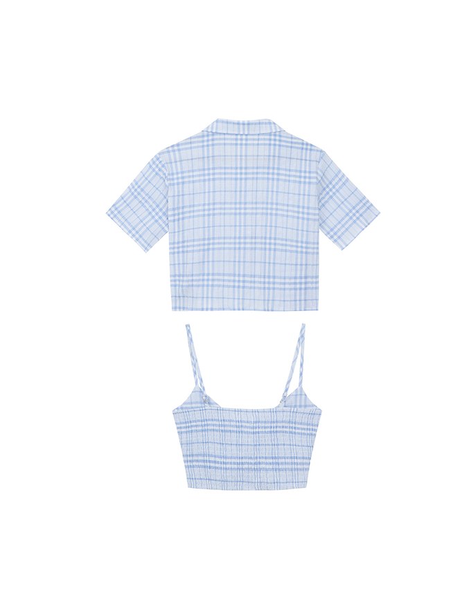 Checkered Button Up Cropped Shirt and Checkered Cami Padded Top Set Wear