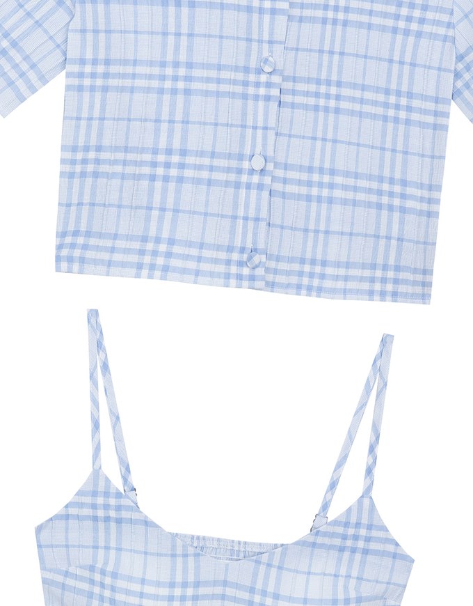 Checkered Button Up Cropped Shirt and Checkered Cami Padded Top Set Wear
