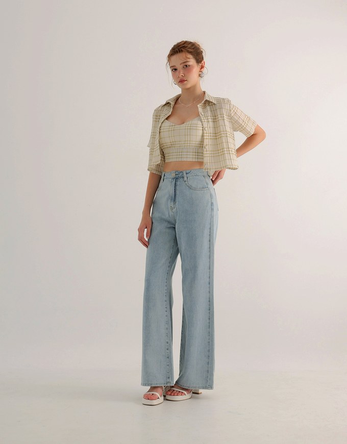 Checkered Button Up Cropped Shirt and Checkered Cami Padded Top Set Wear
