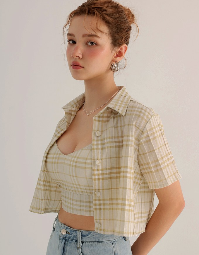 Checkered Button Up Cropped Shirt and Checkered Cami Padded Top Set Wear