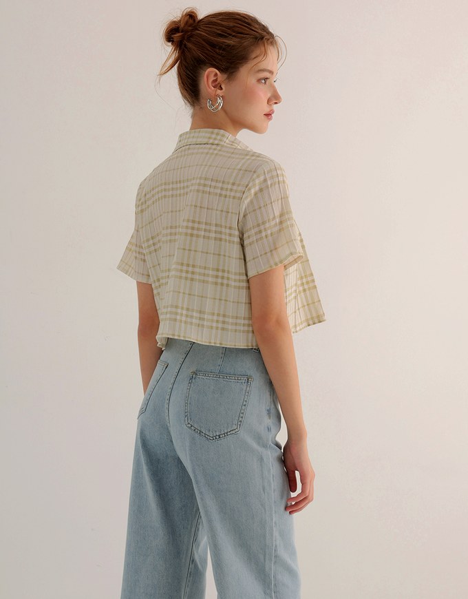 Checkered Button Up Cropped Shirt and Checkered Cami Padded Top Set Wear