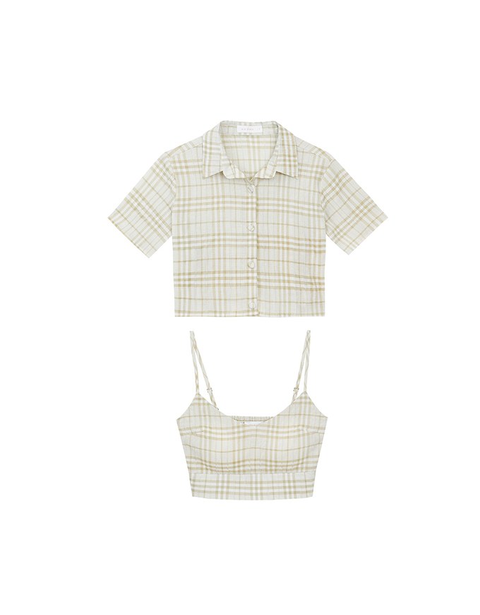 Checkered Button Up Cropped Shirt and Checkered Cami Padded Top Set Wear