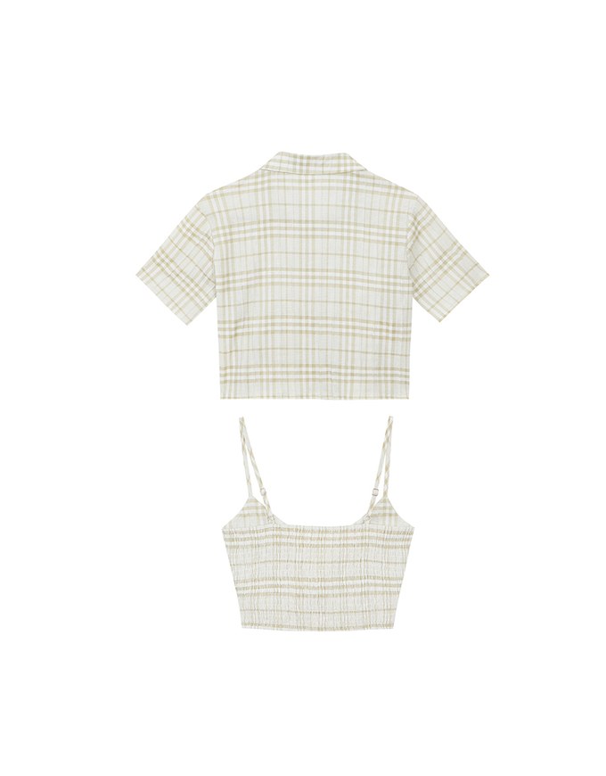 Checkered Button Up Cropped Shirt and Checkered Cami Padded Top Set Wear