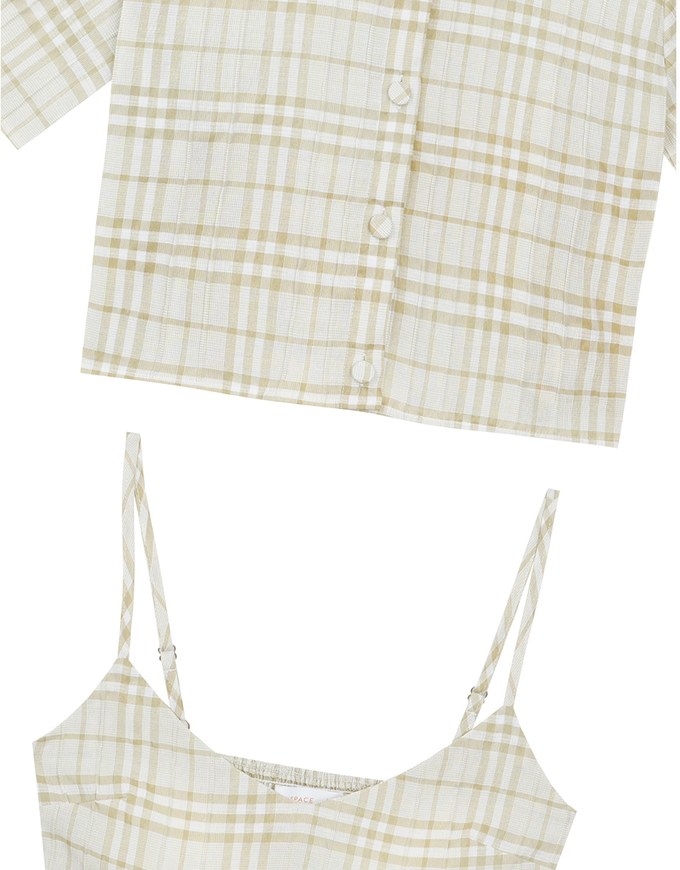 Checkered Button Up Cropped Shirt and Checkered Cami Padded Top Set Wear
