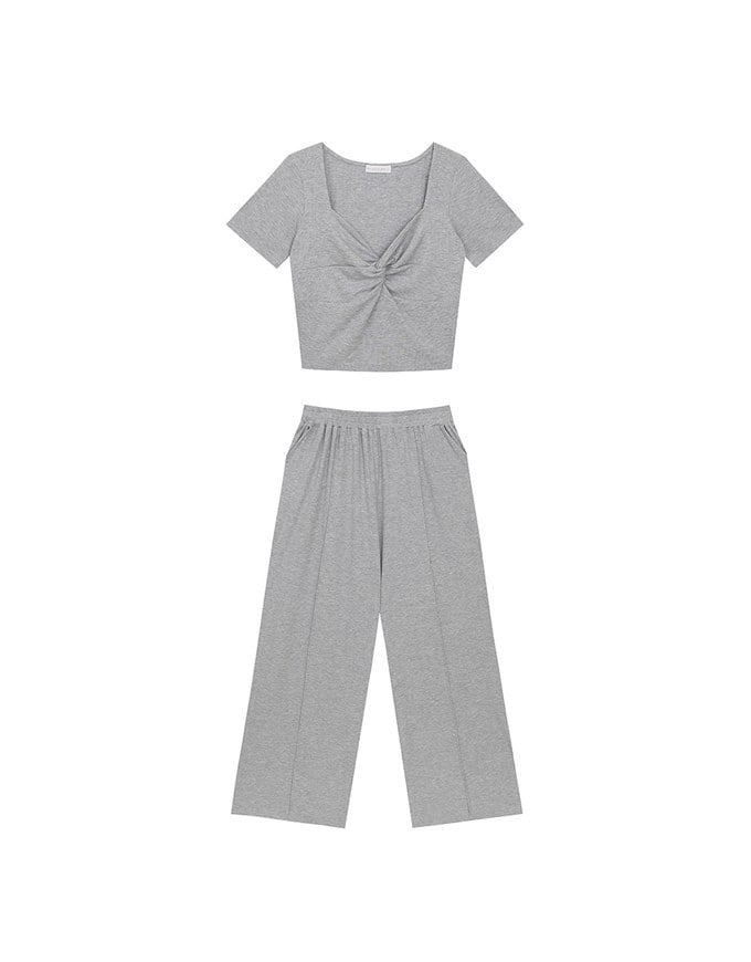 Twist Front Short Sleeve Cropped Top and Elastic Waist Relaxed Pants Setwear