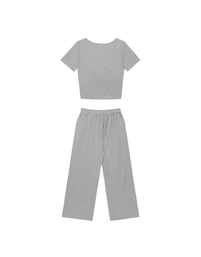 Twist Front Short Sleeve Cropped Top and Elastic Waist Relaxed Pants Setwear
