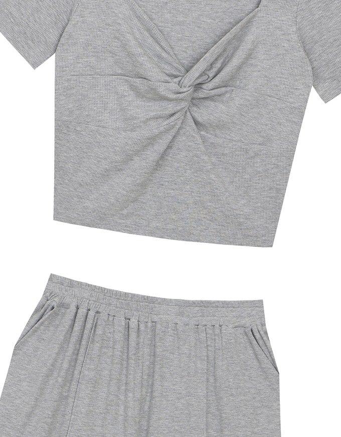 Twist Front Short Sleeve Cropped Top and Elastic Waist Relaxed Pants Setwear