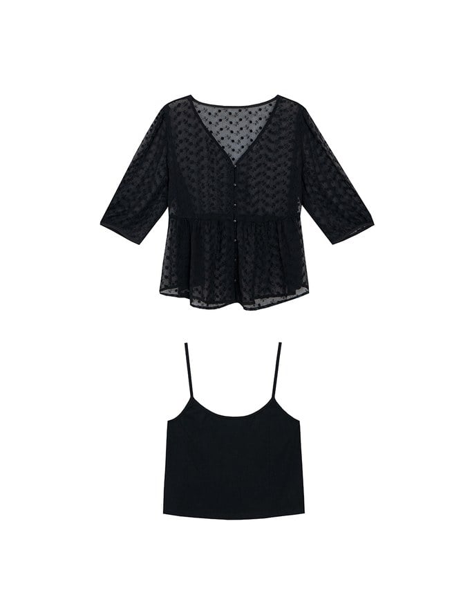 V Neck Sheer Embroidered Peplum Blouse and Basic Camisole Top Set Wear