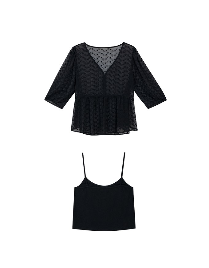 V Neck Sheer Embroidered Peplum Blouse and Basic Camisole Top Set Wear