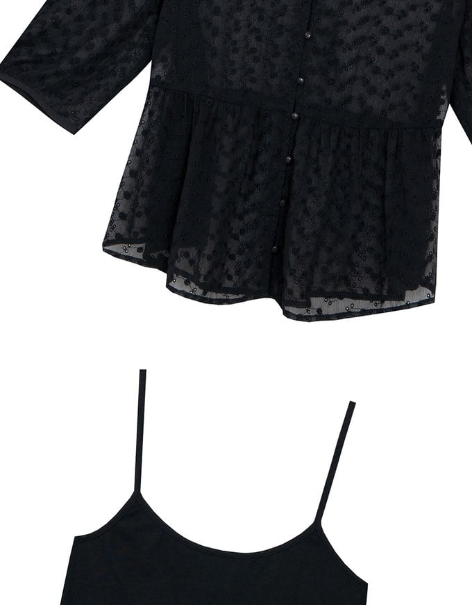 V Neck Sheer Embroidered Peplum Blouse and Basic Camisole Top Set Wear