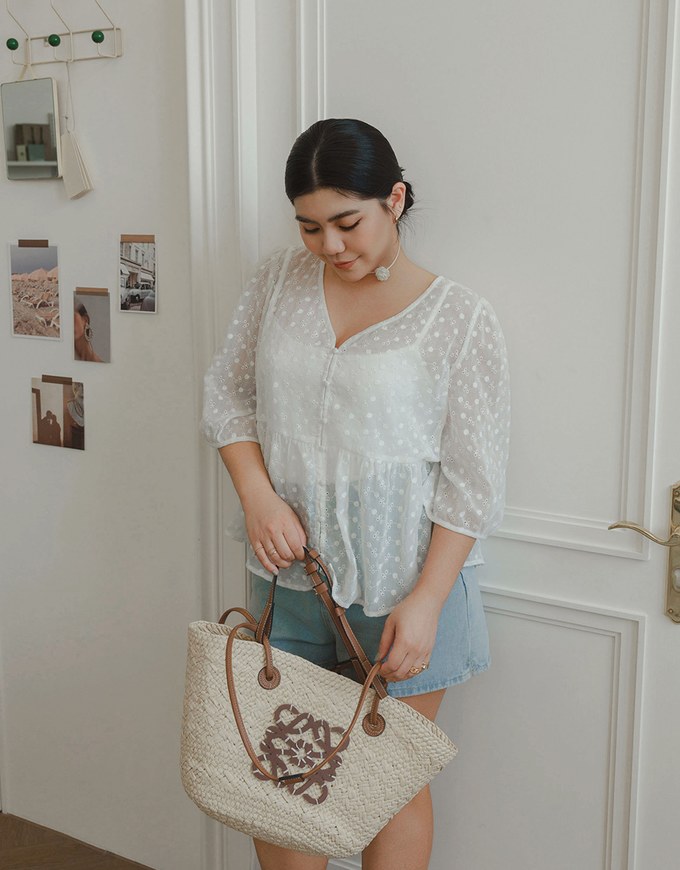 V Neck Sheer Embroidered Peplum Blouse and Basic Camisole Top Set Wear