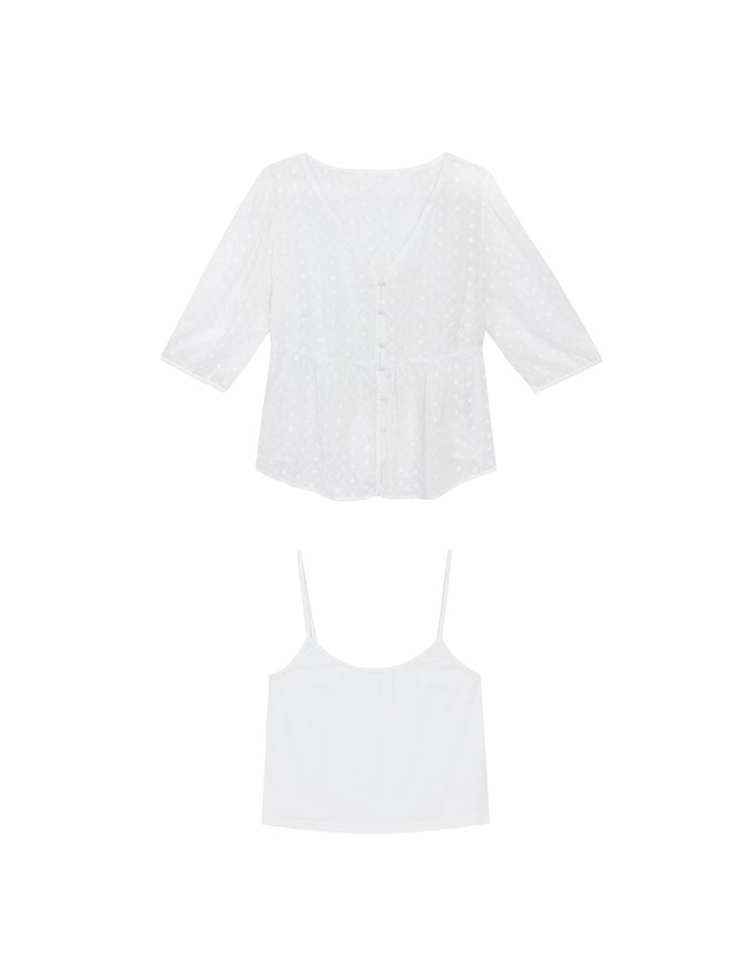 V Neck Sheer Embroidered Peplum Blouse and Basic Camisole Top Set Wear