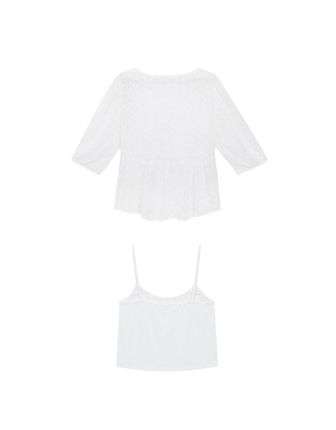 V Neck Sheer Embroidered Peplum Blouse and Basic Camisole Top Set Wear