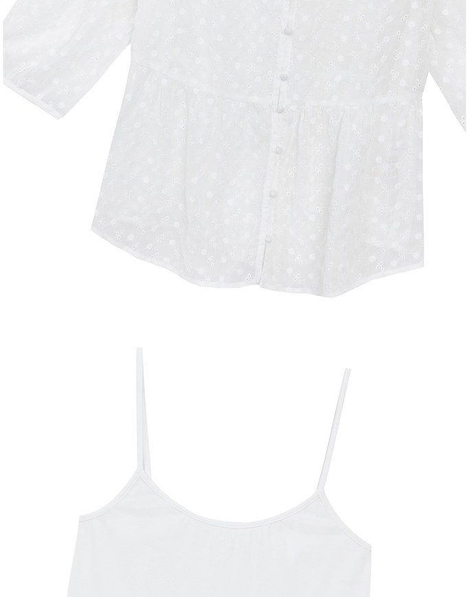 V Neck Sheer Embroidered Peplum Blouse and Basic Camisole Top Set Wear