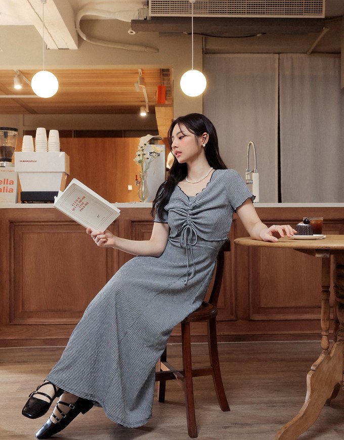 DRESS + TOP SET Checkered Ruched Front Blouse and Spaghetti Strap Midi Dress Set Wear