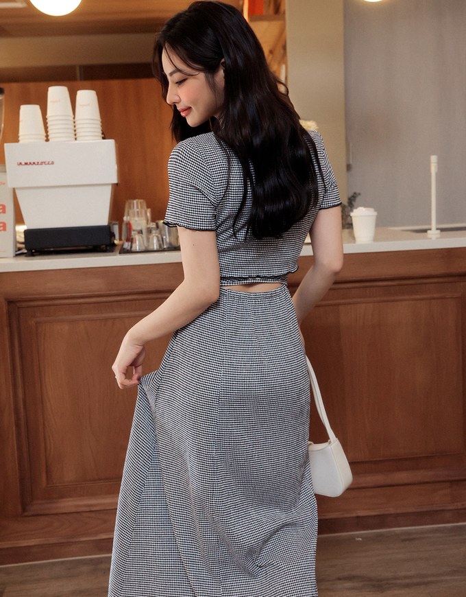 DRESS + TOP SET Checkered Ruched Front Blouse and Spaghetti Strap Midi Dress Set Wear