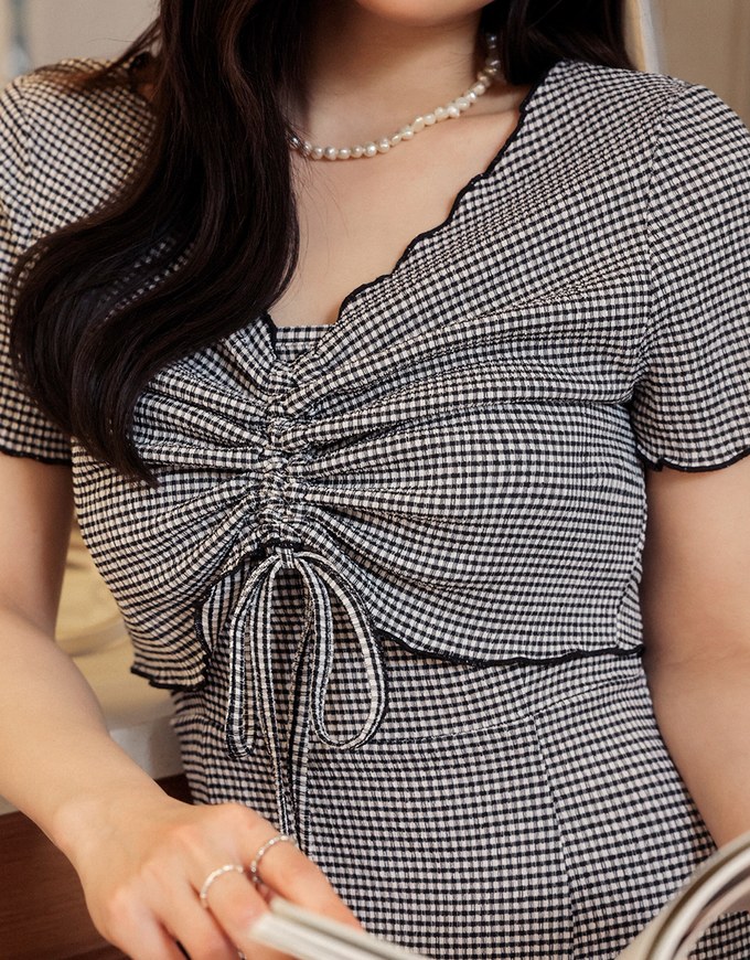DRESS + TOP SET Checkered Ruched Front Blouse and Spaghetti Strap Midi Dress Set Wear