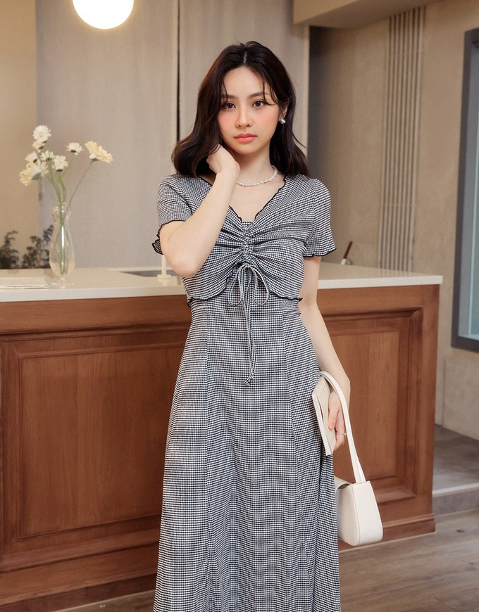 DRESS + TOP SET Checkered Ruched Front Blouse and Spaghetti Strap Midi Dress Set Wear