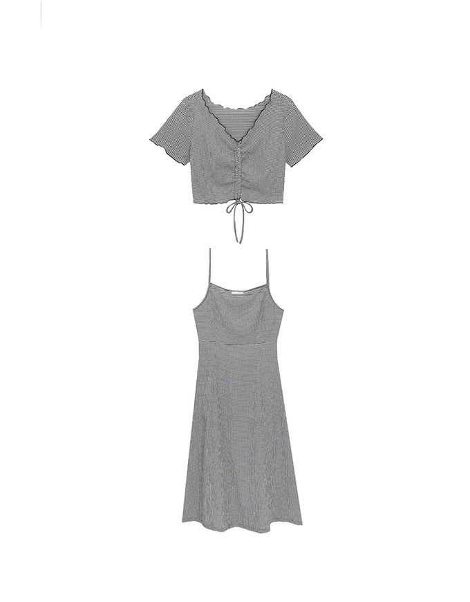 DRESS + TOP SET Checkered Ruched Front Blouse and Spaghetti Strap Midi Dress Set Wear