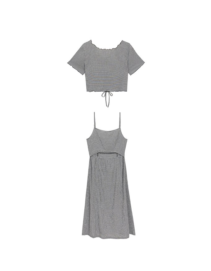 DRESS + TOP SET Checkered Ruched Front Blouse and Spaghetti Strap Midi Dress Set Wear