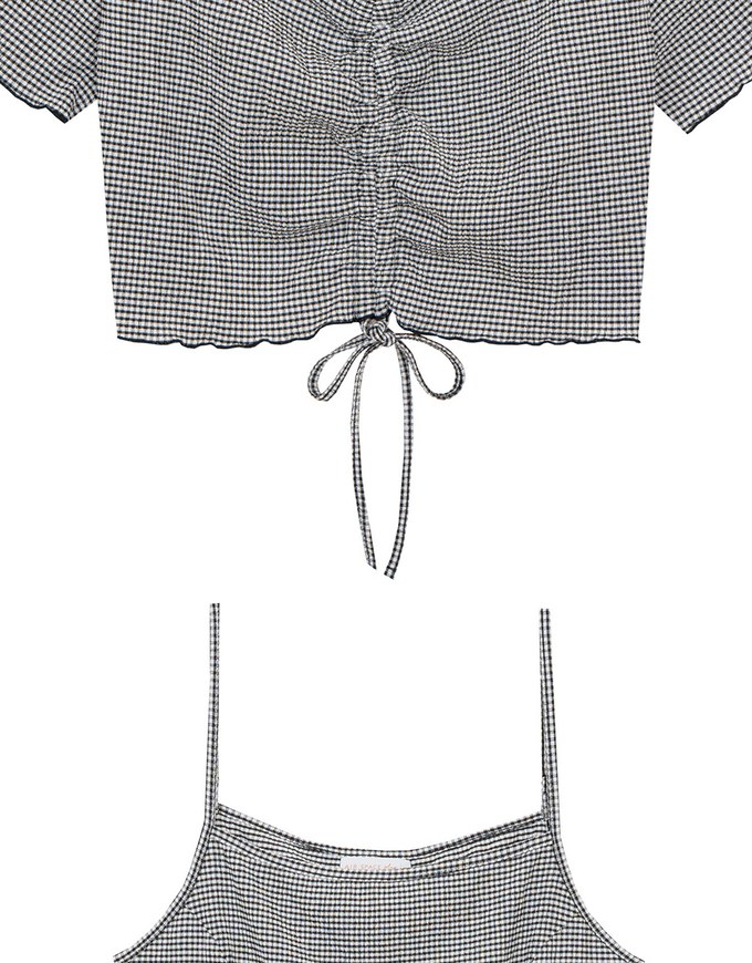 DRESS + TOP SET Checkered Ruched Front Blouse and Spaghetti Strap Midi Dress Set Wear