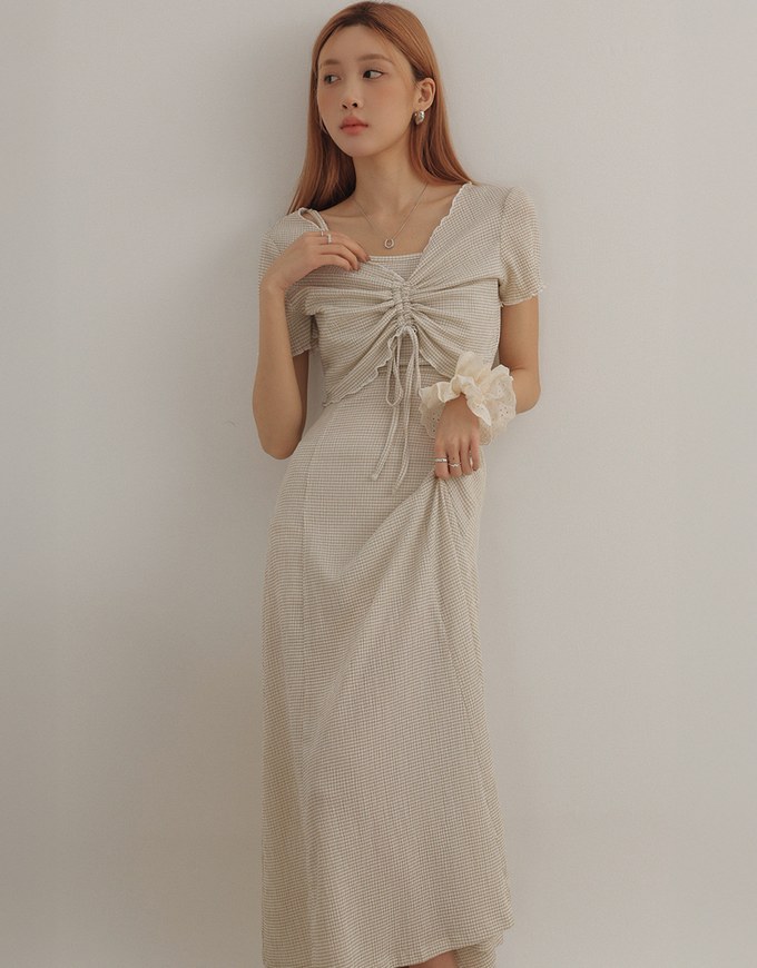 DRESS + TOP SET Checkered Ruched Front Blouse and Spaghetti Strap Midi Dress Set Wear