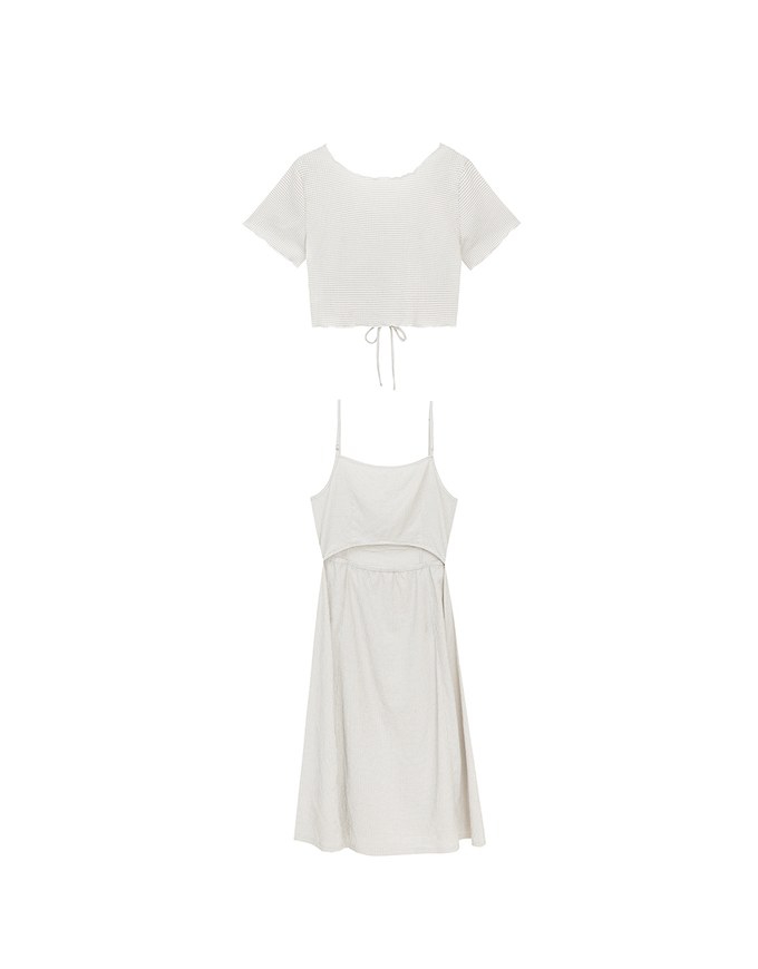 DRESS + TOP SET Checkered Ruched Front Blouse and Spaghetti Strap Midi Dress Set Wear