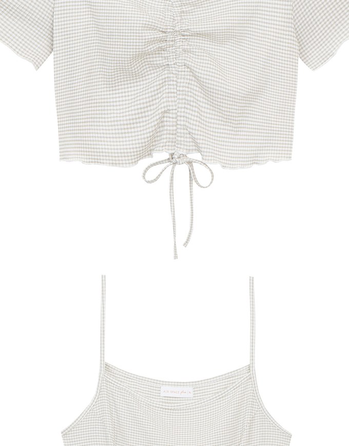 DRESS + TOP SET Checkered Ruched Front Blouse and Spaghetti Strap Midi Dress Set Wear