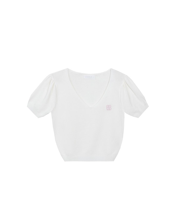 AIR SPACE Logo Embroidered V Neck Short Sleeve Knit Top