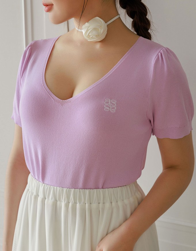 AIR SPACE Logo Embroidered V Neck Short Sleeve Knit Top