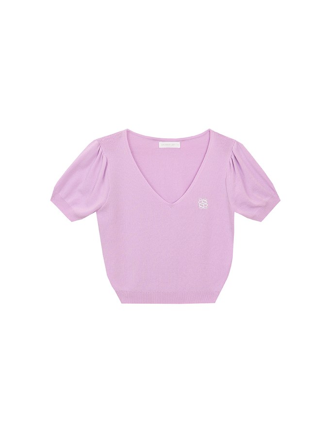 AIR SPACE Logo Embroidered V Neck Short Sleeve Knit Top