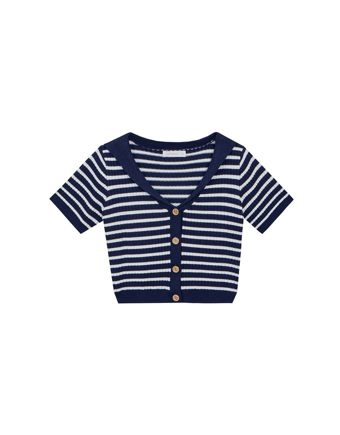Cropped Knit Top with Striped Pattern and Sailor Collar
