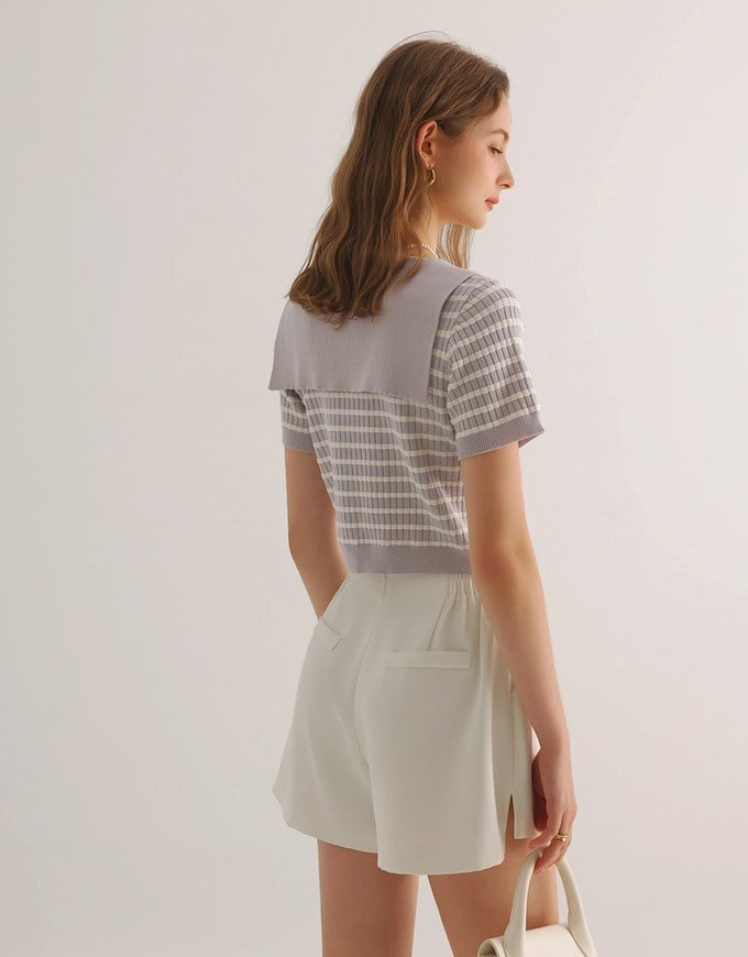 Cropped Knit Top with Striped Pattern and Sailor Collar