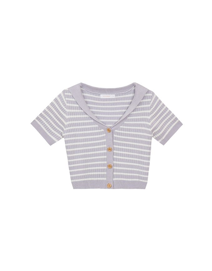 Cropped Knit Top with Striped Pattern and Sailor Collar