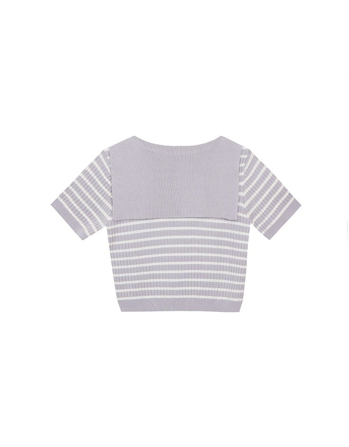 Cropped Knit Top with Striped Pattern and Sailor Collar
