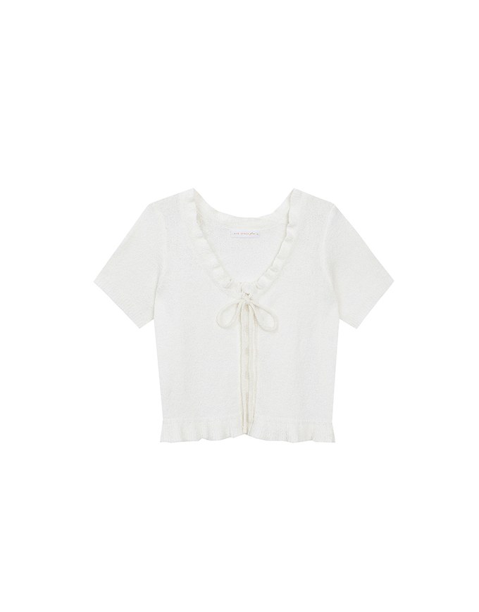 Ruffled Neckline Short Sleeve Knit Vest Top with Button Trim