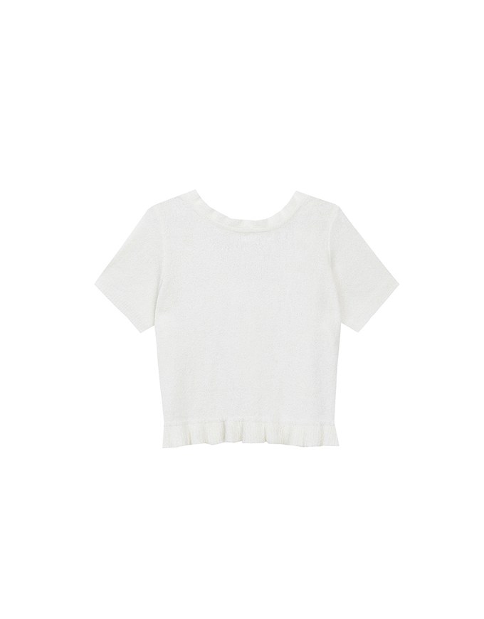 Ruffled Neckline Short Sleeve Knit Vest Top with Button Trim