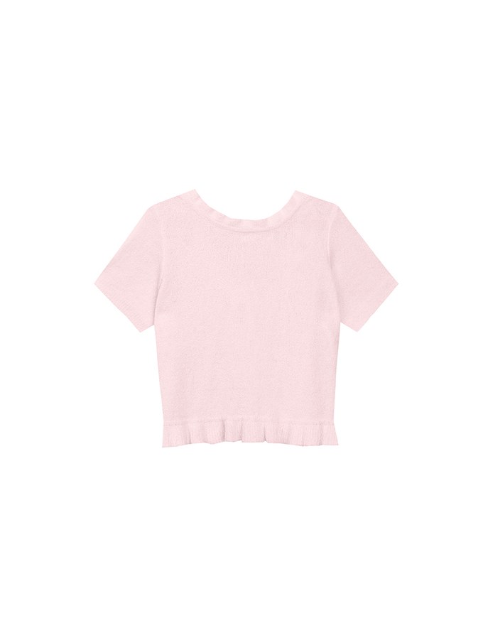 Ruffled Neckline Short Sleeve Knit Vest Top with Button Trim