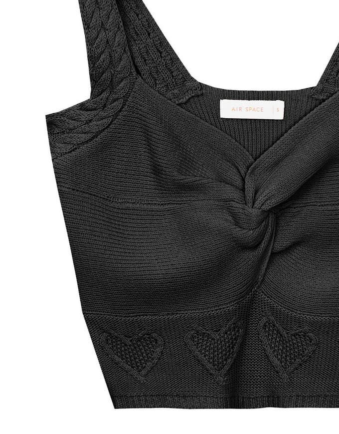 Twist Front Knit Crop Tank Top with Heart Pattern Hem Detail