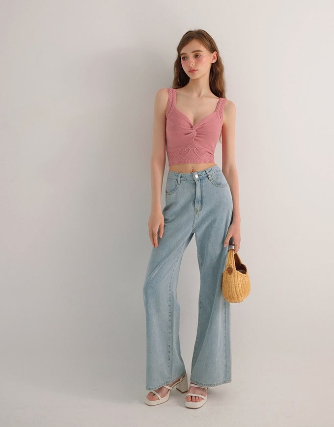 Twist Front Knit Crop Tank Top with Heart Pattern Hem Detail