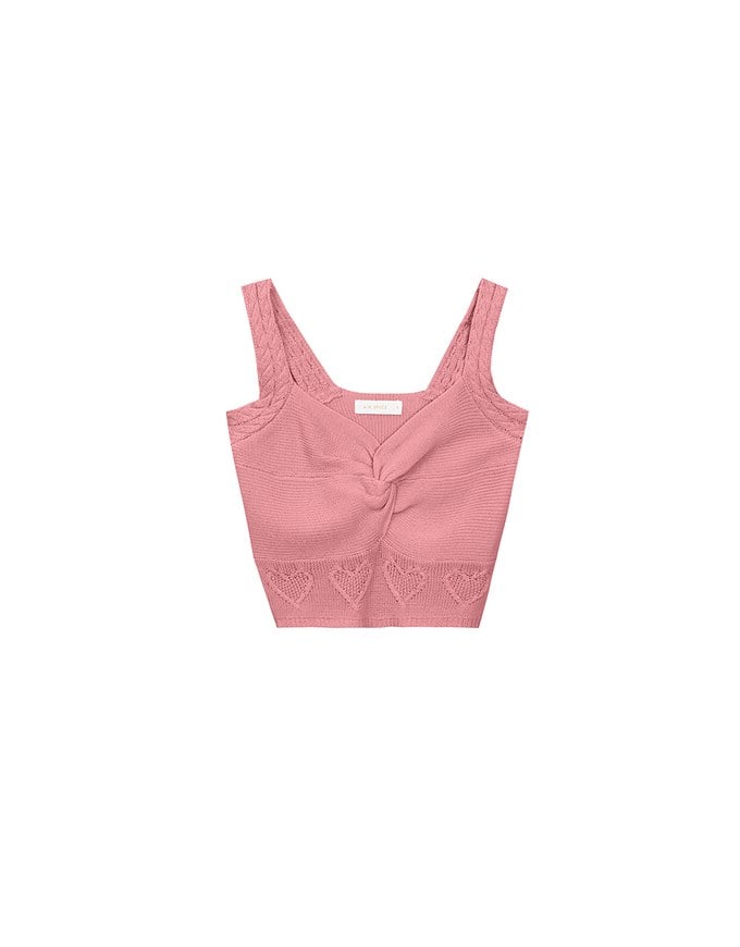 Twist Front Knit Crop Tank Top with Heart Pattern Hem Detail