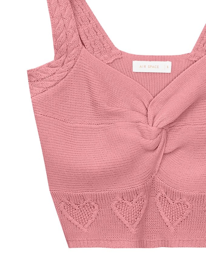 Twist Front Knit Crop Tank Top with Heart Pattern Hem Detail